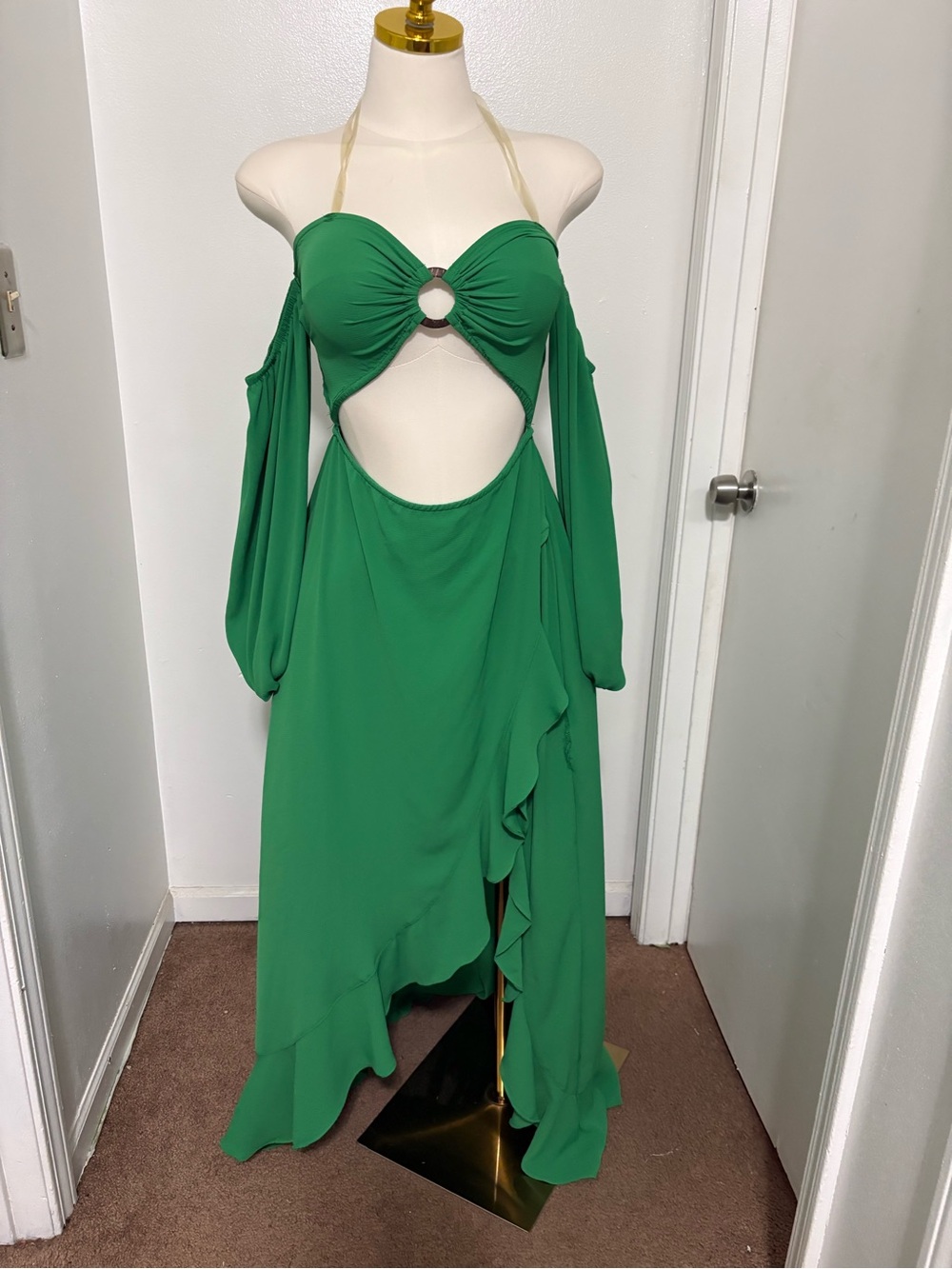 Emerald Cutout High-Low Maxi Dress with Ruffle Skirt NWOT - Picture 3 of 4